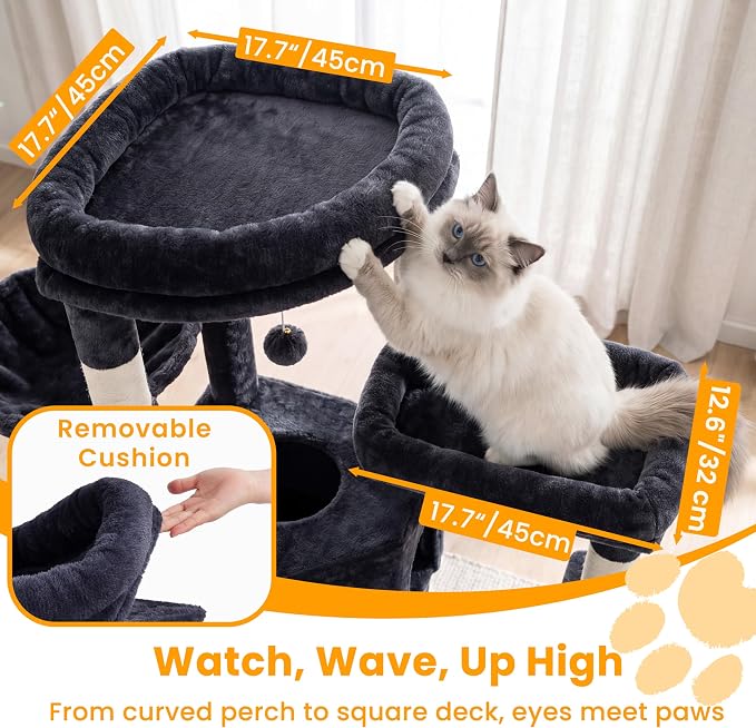 65" Cat Tree Tower, Anti-Tip Cat Condo for Indoor Cats VCT012G | Cat Furniture with Extra Wide Baseboard & Large Perch, 2 Hammocks, Cozy Condo, 7 Sisal Scratching Posts, Smoky Gray