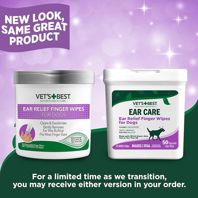 Vet's Best Ear Relief Finger Wipes | Ear Cleansing Finger Wipes for Dogs | Sooths & Deodorizes | 50 Disposable Wipes | Ear Cleansing Finger Wipes, Helps Clean, Deodorize & Refresh Ears, Gentle Disposable Wipes for Dogs