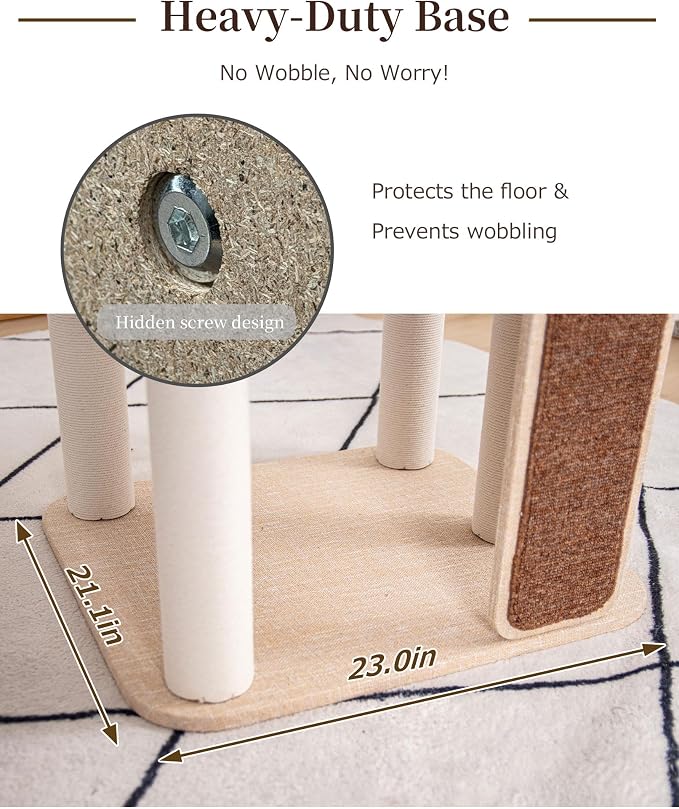 53'' Cat Tree for Large Cat, Modern Senior Friendly Cat Tower with Wide Shelves Low Step, Cotton Scratching Posts, Super Sturdy Base, Cozy Perches, and Interactive Toys (Ivory)