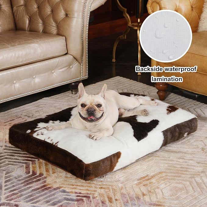 Bedfolks Waterproof Dog Crate Bed,Plush Dog Bed with Removable Washable Cover,Faux Fur Dog Crate Pad for Medium Dogs,Fluffy Dog Kennel Bed 29"x21",Cow Print