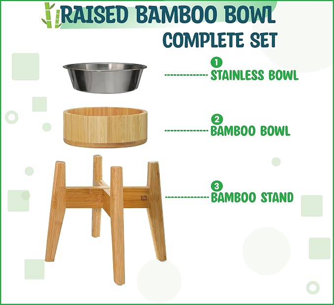 Dog Bowls Elevated, Food Water Bowl for Large Dogs - 15-Inch High - 74oz | Raised Dog Bowl Stand, Stainless Steel and Bamboo, Tipover-Resistant Tall 4 Feet, Doesn't Rust Sag or Bend