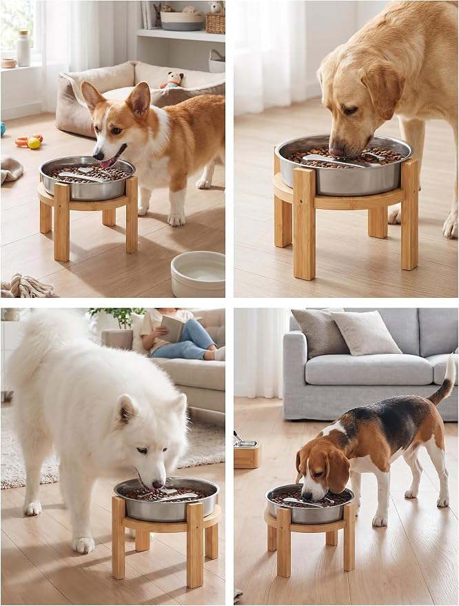 ZooZoo Elevated Slow Feeder Dog Bowl Stainless Steel with 7in Bamboo Stand | Food Grade Rustproof Dishes For Small Medium Pets, Non-Slip Base Protects Floors, Easy To Clean For Healthy Eating