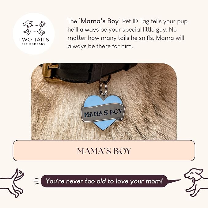 Two Tails Pet Company Personalized 'Mama's Boy' Pet ID Tag - Custom Engraved Dog Tags for Pets - Durable Brass, Silver Plating, Free Engraving for Dog's Name, Perfect for Dog Collars & Leashes