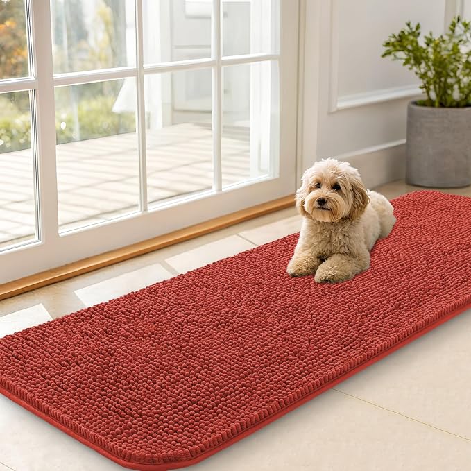 OLANLY Dog Door Mat for Muddy Paws 59x20, Super Absorbent Chenille Mud Mat | Maple Red, Absorbs Moisture and Dirt, Non-Slip Machine Washable Doormat, Quick-Drying Indoor Entryway Floor Carpet for Dogs