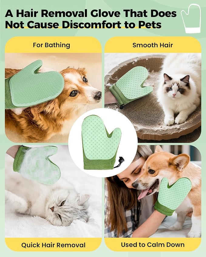 Carpet Rake for Pet Hair Removal Tool - 4 in 1 Pet Hair Remover Kit for Dog Cat Fur Remover, Contain 60" Adjustable Rubber Broom, Glove, Magic Brush and Scraper for Furniture (Gray)