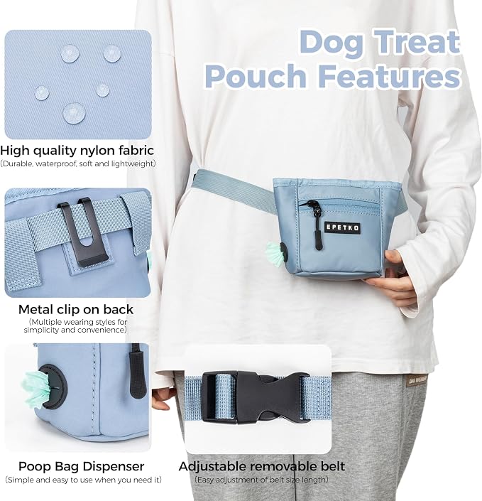 Dog Treat Pouch, Powerful Magnet Closure Device Dog Training Treat Bag Large Capacity Pet Treat Pouch with Poop Bag Dispenser Treat Bag for Dog Training with Metal Waistband Clip (Light Blue)