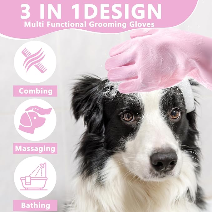 Pet Grooming Gloves—Dog Washing Gloves with High-Density Teeth | Dog Bath Scrubber with Enhanced Five Finger Design, Silicone Gloves for Dogs and Cats Bathing, Massage (Pink)