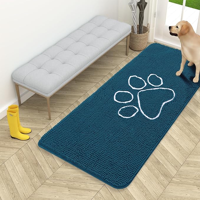 OLANLY Dog Door Mat for Muddy Paws 54x24, Paw Print Design Chenille Mud Mat | Atlantic Blue, Absorbent, Traps Moisture and Dirt, Non-Slip Washable Doormat, Quick-Dry Indoor Entryway Floor Carpet for Dogs