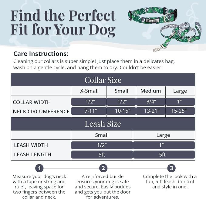 Lucky Love Dog Collar and Leash Set, Beautiful & Vivid Patterns, Easy On & Off Clasp Accessory (Blue Laguna, M Combo)
