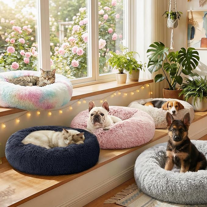 Love's cabin Calming Cat Bed for Indoor Cats, Anti-Anxiety Donut Round Dog Bed, Fluffy Faux Fur Washable Pet Bed for Small Medium Dogs and Cats, Bluish Grey, 20in