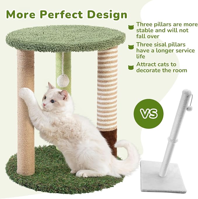 WOOCHPET 17" Small Cat Tree with Grass Base, 3 Sisal Scratching Posts & Top Perch, Cute Green Kitten Tower Platform, Small Cat Scratcher for Indoor Cats