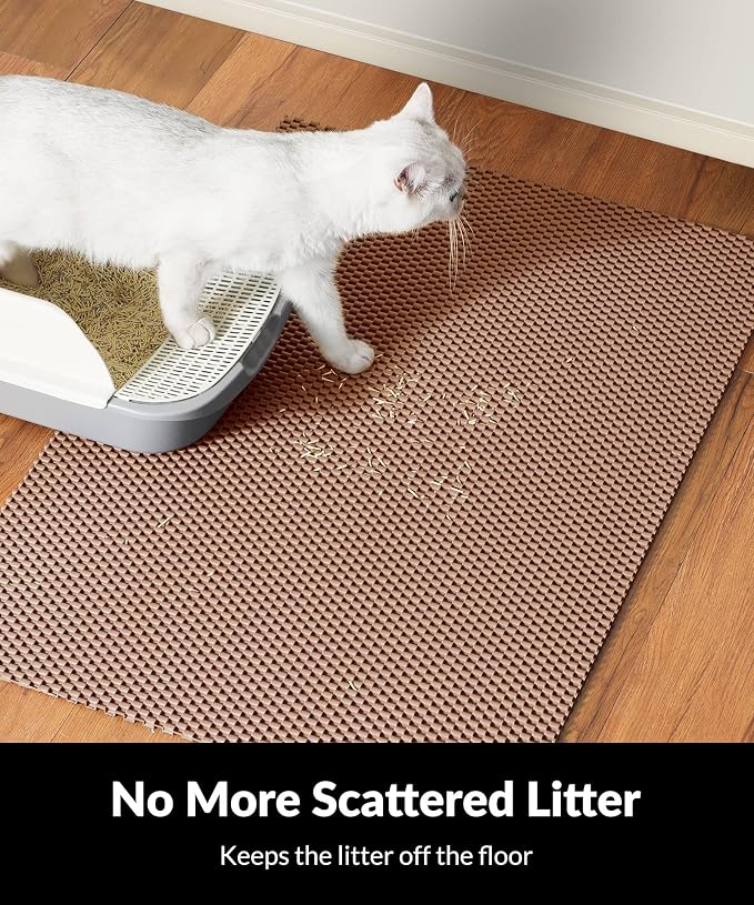 Cooyes Cat Litter Mat - Cut to Fit Any Place, 35"x23" Large Litter Trapping Mat for Litter Box, Easy to Clean, Waterproof & Non-Slip Kitty Pad, Scatter Control to Protect the Floor (Khaki)