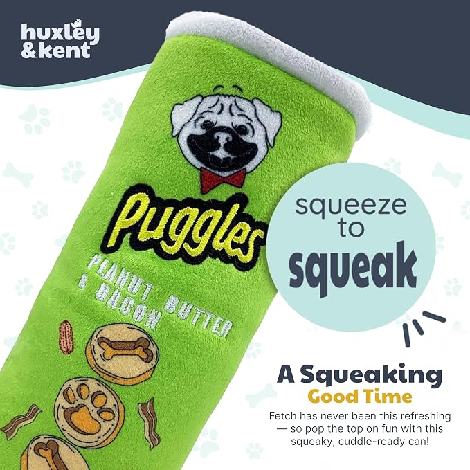 Huxley & Kent Funny Dog Toy w/Squeaker – Power Plush Squeaky Dog Toys for Small, Medium & Large Dogs – Soft Stuffed Animal for Indoor Play & Fetch - Puggles Can, Small