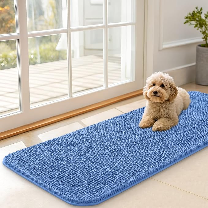 OLANLY Dog Door Mat for Muddy Paws 47x17, Super Absorbent Chenille Mud Mat | Cornflower Blue, Absorbs Moisture and Dirt, Non-Slip Machine Washable Doormat, Quick-Drying Indoor Entryway Carpet for Dogs