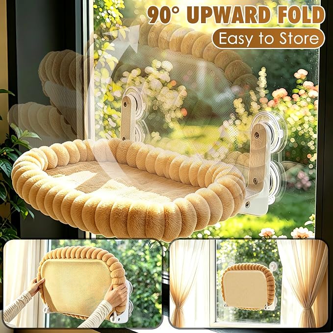 IPOW Cat Window Perch Cordless Foldable Cat Hammock Bed for Window with 4-Sided Bolster, Sturdy Metal Frame & Strong Suction Cups Window Hammock for Large Cats and Kittens