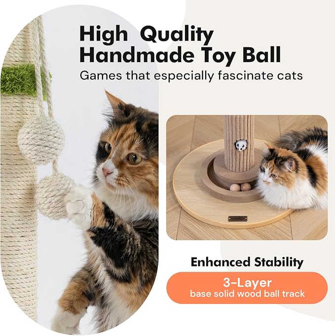 WOOCHPET Cat Scratching Post for Indoor Cats 35" Tall, Sisal Cat Scratcher with Mouse Toy and Track Balls, Wooden Base (Beige)