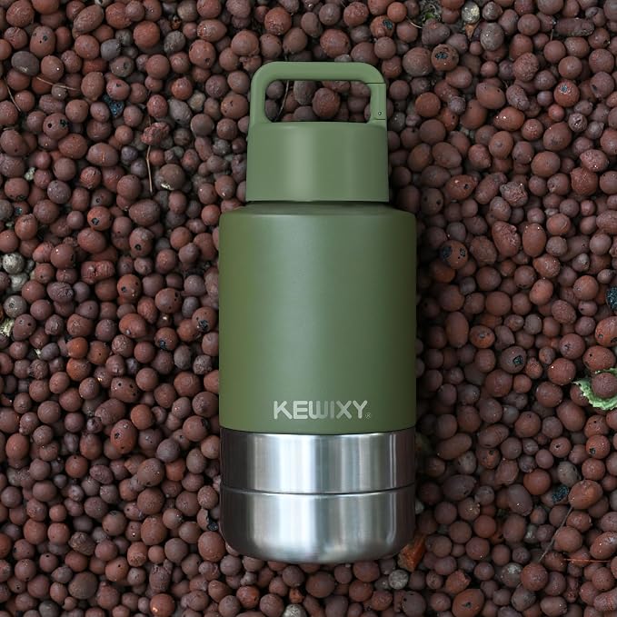 KEWIXY Insulated Dog Travel Water Bottle with Detachable Bowls, 3 in 1 Portable Dog Water Bottle Dispenser, Dog Accessories for Walking, Hiking, Camping, Outdoor (Olive Green, 32 Oz)