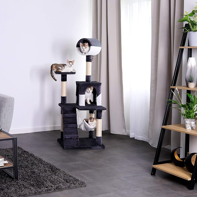 lionto Scratching Tree for Cats with Hammock & Tunnel, Height 52,4 in, cat Tree with sisal Rope & Soft Plush, Cozy Lying Areas & Caves, Suitable for Small & Large Cats, Gray/White