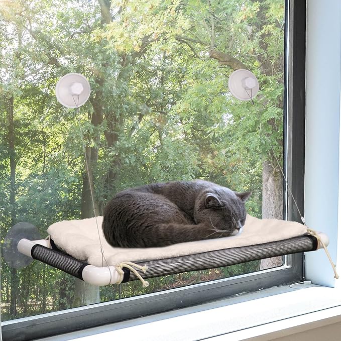 Cat Window Perch, Cat Hammock w/Fleece Blanket, Screw Suction Cups, Brown | Window Bed Holds 2 Large Cats, Sturdy Resting Seat Indoor with One Extra Suction Cup