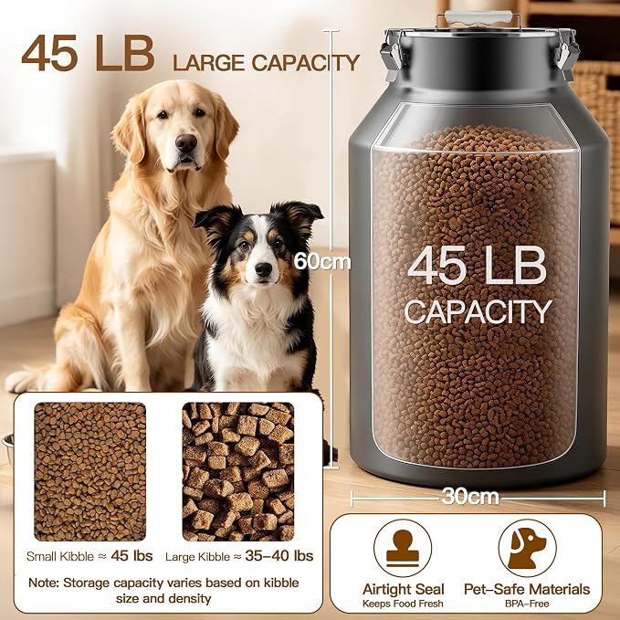 Stainless Steel Dog Food Storage Container 45 lb with Scoop & Lid | Large Airtight Metal Pet Food Bin, No Dented or Scratched, Metal Dog Food Storage Container for Kibble, Cat Food & Bird Seed