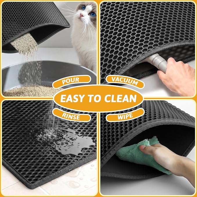 Pieviev Litter Box Mat, Double-Layer Waterproof Design, 47" x 36" Black | Honeycomb Litter Trapping Mat Captures Scattered Particles to Stop Tracking, Waterproof Base Protects Floors, Easy to Clean