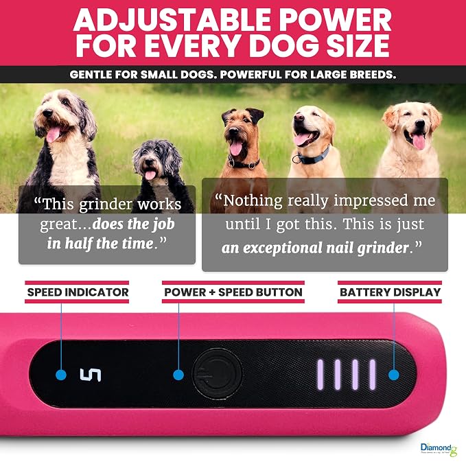 Diamondg Micro Dog Nail Grinder - Quiet Sound with LED Light, Pink | 5-Speed Rechargeable Pet Nail Trimmer for Small & Large Dogs, LCD Display, USB-C Charging, 4hrs. Runtime Rotary Tool