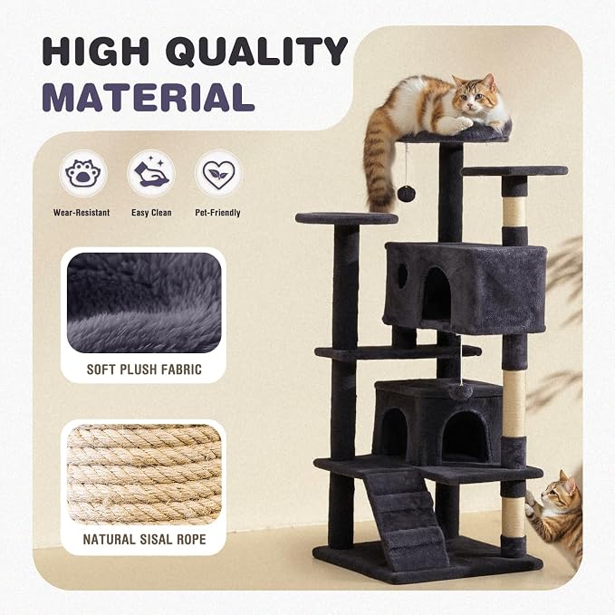 54 Inch Cat Tree Tower with Sisal Scratching Posts | Multi-Level Cat TreeTower with Climbing Ladder, Play Toy Balls House for Indoor Cats, Grey