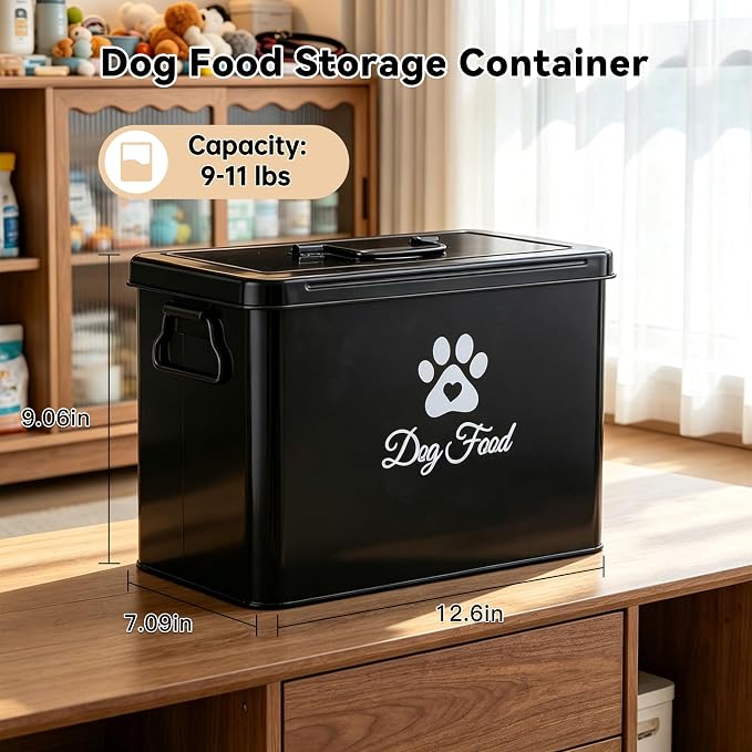 Dog Food Storage Container, Cute Airtight Pet Food Storage Containers with Metal Lid Scoop, 9-12 Lb Large CapacityDog Treat Snack Jar, Black Container Bin for Kitchen Counter Pantry
