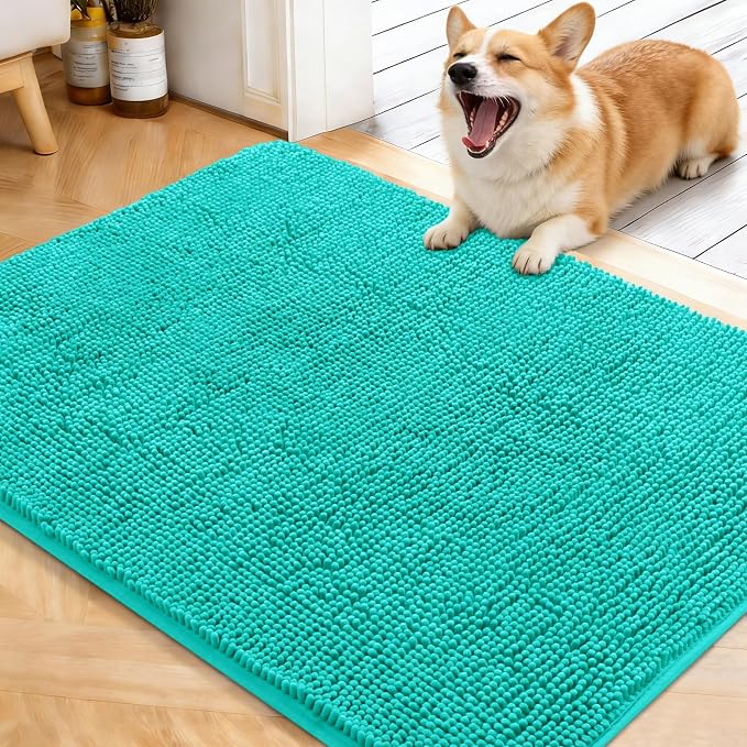 OLANLY Dog Door Mat for Muddy Paws 40x32, Super Absorbent Chenille Mud Mat | Teal, Absorbs Moisture and Dirt, Non-Slip Machine Washable Doormat, Quick-Drying Indoor Entryway Floor Carpet for Dogs