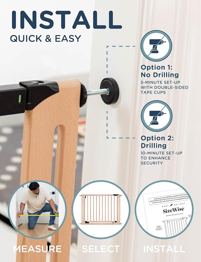 Baby Delight SizeWise™ Wood Pressure Mounted Safety Gate 40.55"-44.48" | Extra-Wide Passage | Auto-Close Two-Way Opening | Easy Installation | PEFC Certified Beech Wood (28.7" Passage)