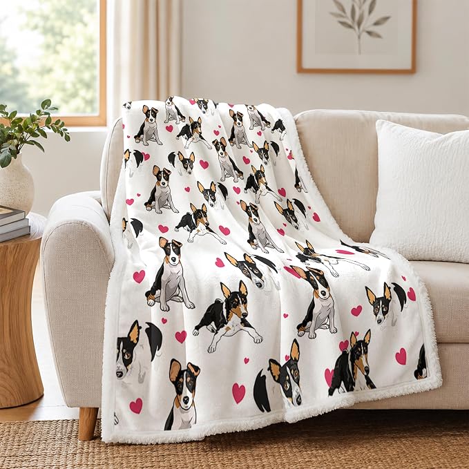 BlessLiving Rat Terrier White Throw Blanket with Dense Black Dog Patterns Sherpa Fleece Blanket Couch Bed, Soft Cozy Warm Pet Blankets for Puppy Lovers Pink Heart Cute Animal Print Gift 60x80 Inches