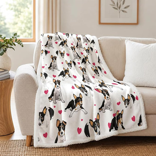 BlessLiving Rat Terrier White Throw Blanket with Dense Black Dog Patterns Sherpa Fleece Blanket Couch Bed, Soft Cozy Warm Pet Blankets for Puppy Lovers Pink Heart Cute Animal Print Gift 60x80 Inches