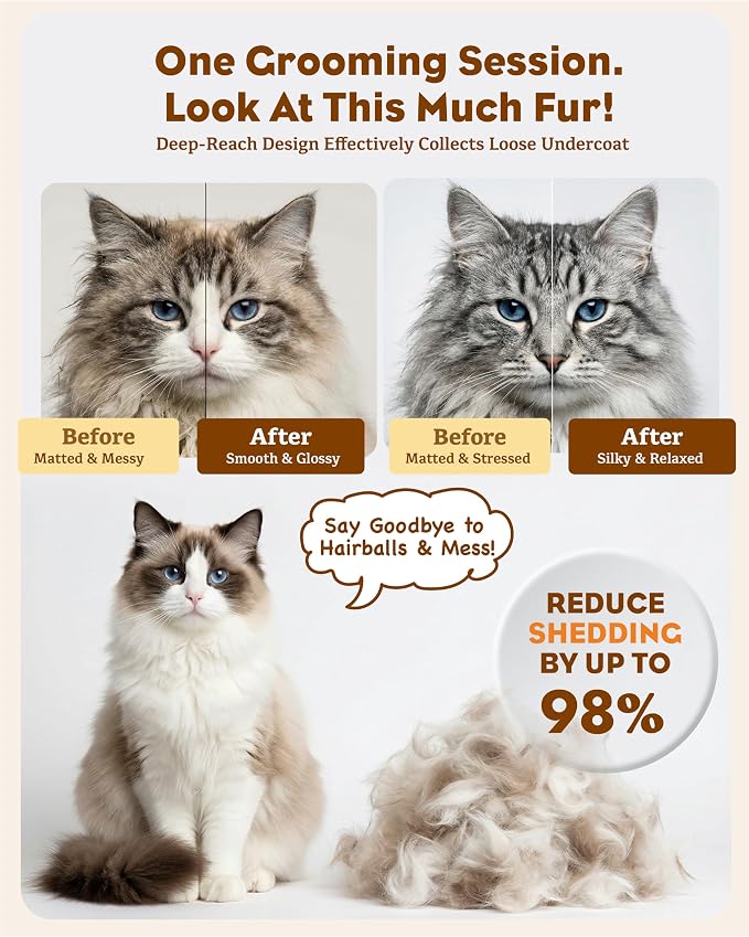 2-in-1 Deshedding & Dematting Brush for Long Haired Cats | Double-Sided Undercoat Rake for Shedding, Efficiently Removes Loose Hair & Tangles, Safe Detangler for Matted Fur