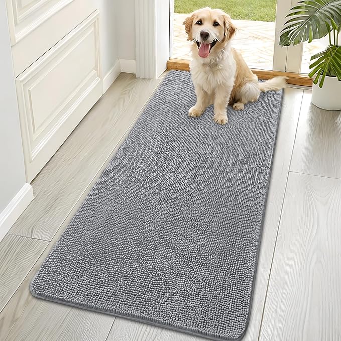 OLANLY Dog Door Mat for Muddy Paws 70x35, Super Absorbent Chenille Mud Mat | Grey, Absorbs Moisture and Dirt, Non-Slip Machine Washable Doormat, Quick-Drying Indoor Entryway Floor Carpet for Dogs