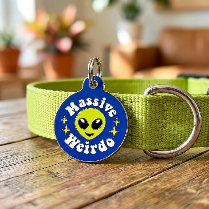 Bad Tags Personalized Dog and Cat ID Tags in 25+ Designs and 2 Sizes - 5 Lines of Custom Engraved Text - Funny Cute Personalized Pet Tags (Massive Weirdo, Small (1 inch))