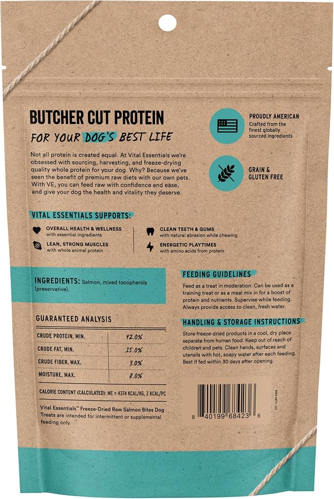 Vital Essentials Freeze Dried Dog Treats, Salmon Bites, 5 oz Bag | Single Animal Protein, Premium Quality, Grain-Free Training Treats, USA Made with U.S. & Globally Sourced Ingredients