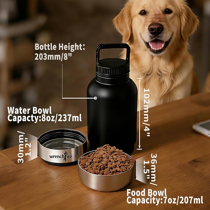 32 oz Instulated Stainless Steel Dog Water Bottle with 2 Detachable Bowls,Portable Cat Travel Dispenser with Brush for Walking Hiking Camping,Black