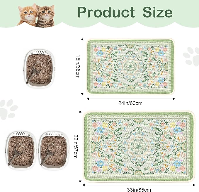 Bienbee Cat Litter Mat, 33" x 22" Litters Box Mat Machine Washable Less Waste Waterproof Litter Mats, Non-Slip Cat Litters Trapping Mats Easy to Clean Bean-Green L