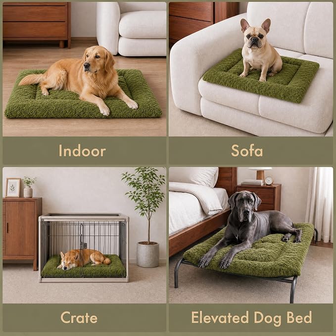 Exsnugy Washable Dog Bed Mat Medium Size Fluffy Pet Crate Pad 30x19 | Non-Slip Bottom Kennel Beds Ultra Soft Comfy Sleeping Mattress for Large Medium Small Dogs Green