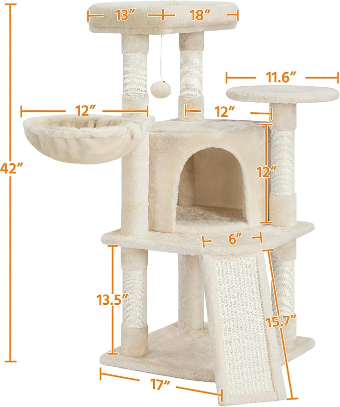 Topeakmart 42in Cat Tree Tower for Indoor Cats, Cat Condo with Perch & Hammock, Activity Center, Multi-Level Cat Furniture with Scratching Posts, Cat House, Beige