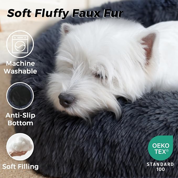 Calming Round Dog Bed & Cat Bed for Indoor Cats, Medium Size Washable Anti-Slip Anti-Anxiety Donut Dog Beds for Small Dogs & Cats, Fluffy Plush Soft Dog Bed(20 Inch, Blue Grey)