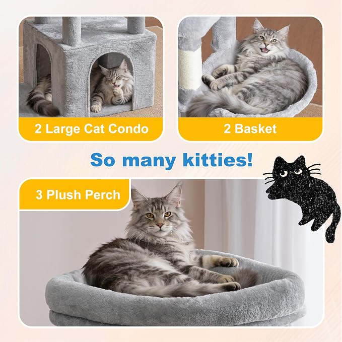 Hey-brother Cat Tree Tower with Tiered Padded Platforms, Condos, MPJ084W | 67.3 Inches Multi-Level Cat House with 9 Sisal Scratching Posts, 2 Plush Hammocks, Toy Ball for Indoor Multi-Cats, Light Gray