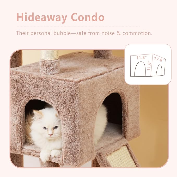 Heybly 64.2" Heavy-Duty Cat Tree for Large Cats with Wide Base HCT027MU | Indoor Cat Tower with Scratching Posts & Board, Cat Furniture with Big Platforms, Extra-Large Hammock, Rosy Brown