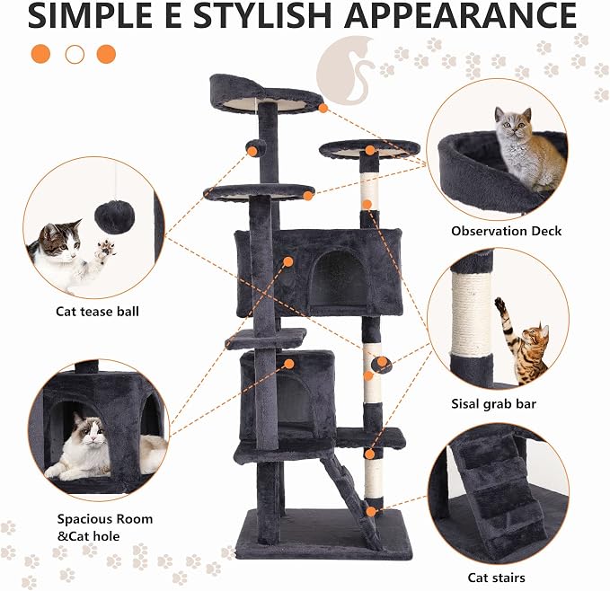 Cat Tree for Indoor Cats, Multi-Level Cat Tower with Scratching Posts & Cozy Condo, Space Saving Cat Activity Center, Durable Pet Play House (54in,Ashy)