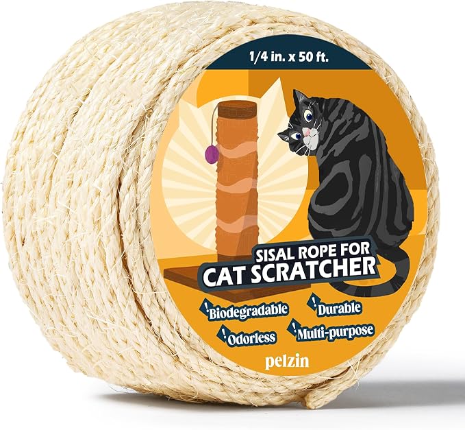 Pelzin Natural Sisal Rope for Cat Scratcher - 1/4 Inch by 50 Feet, Cat Tree Rope Twine for Scratching Post Replacement, Repairing, Recovering and DIY, White