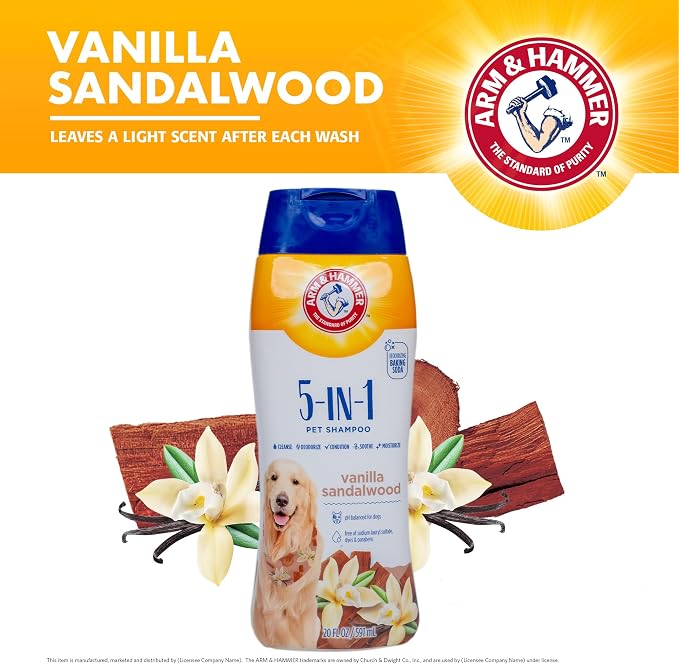 Arm & Hammer 5-in-1 Dog Shampoo, Vanilla Sandalwood, 20 Fl Oz | Oatmeal formula with aloe, shea butter, and baking soda cleans, conditions, and cares for the coat