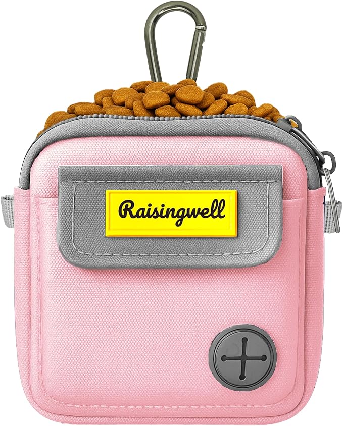 Raisingwell Dog Treat Pouch for Pet Walking and Training with Clicker Poop Bags and Three Bags Design Small Fanny Zipper Pack Holder for Puppy Snack Dispenser Kit for Leash and Outdoor Use (Pink)
