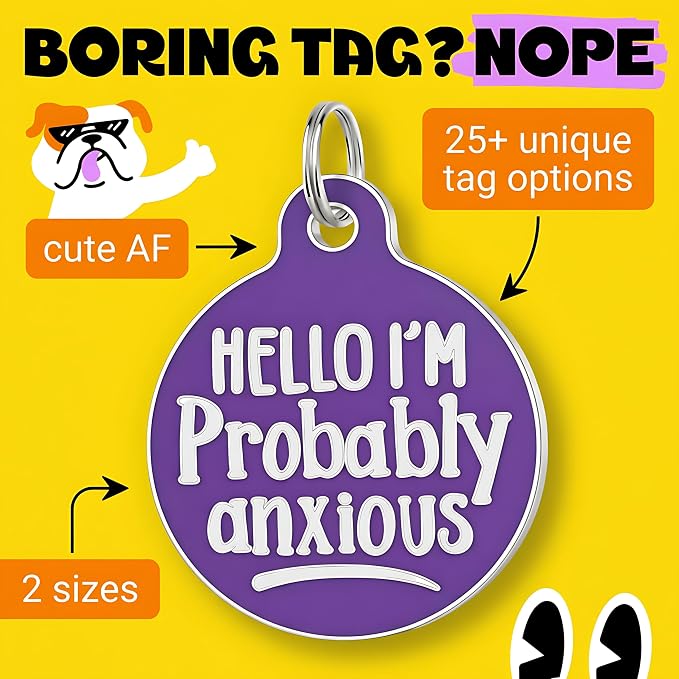 Bad Tags Personalized Dog and Cat ID Tags in 25+ Designs and 2 Sizes - 5 Lines of Custom Engraved Text - Funny Cute Personalized Pet Tags (Hello I'm Probably Anxious - Purple, Large (1.25 inch))