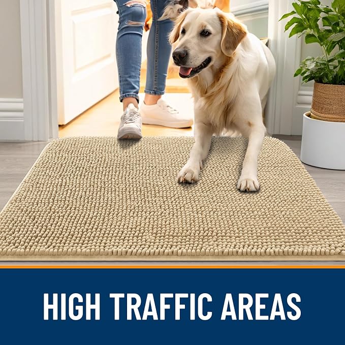 OLANLY Dog Door Mat for Muddy Paws 32x20, Super Absorbent Chenille Mud Mat | Beige, Absorbs Moisture and Dirt, Non-Slip Machine Washable Doormat, Quick-Drying Indoor Entryway Floor Carpet for Dogs