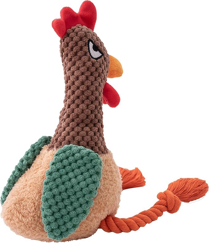 Plush Chicken Dog Toy with Squeaker, Interactive Rope Legs for Small and Medium Dogs, Multicolor Tug and Fetch Chew Rooster Toy